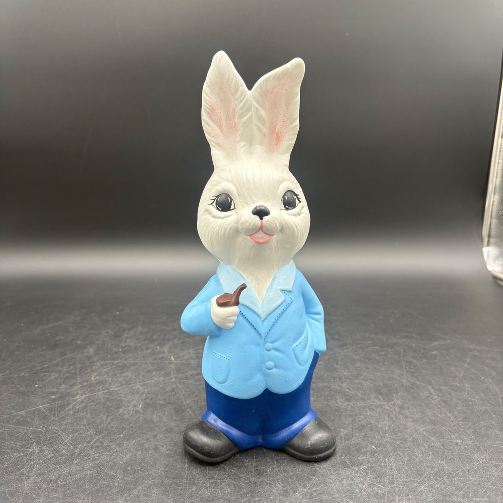 Vtg Ceramic Rabbit Blue Good Dapper Bunny Pipe Easter Spring Decor Baskets